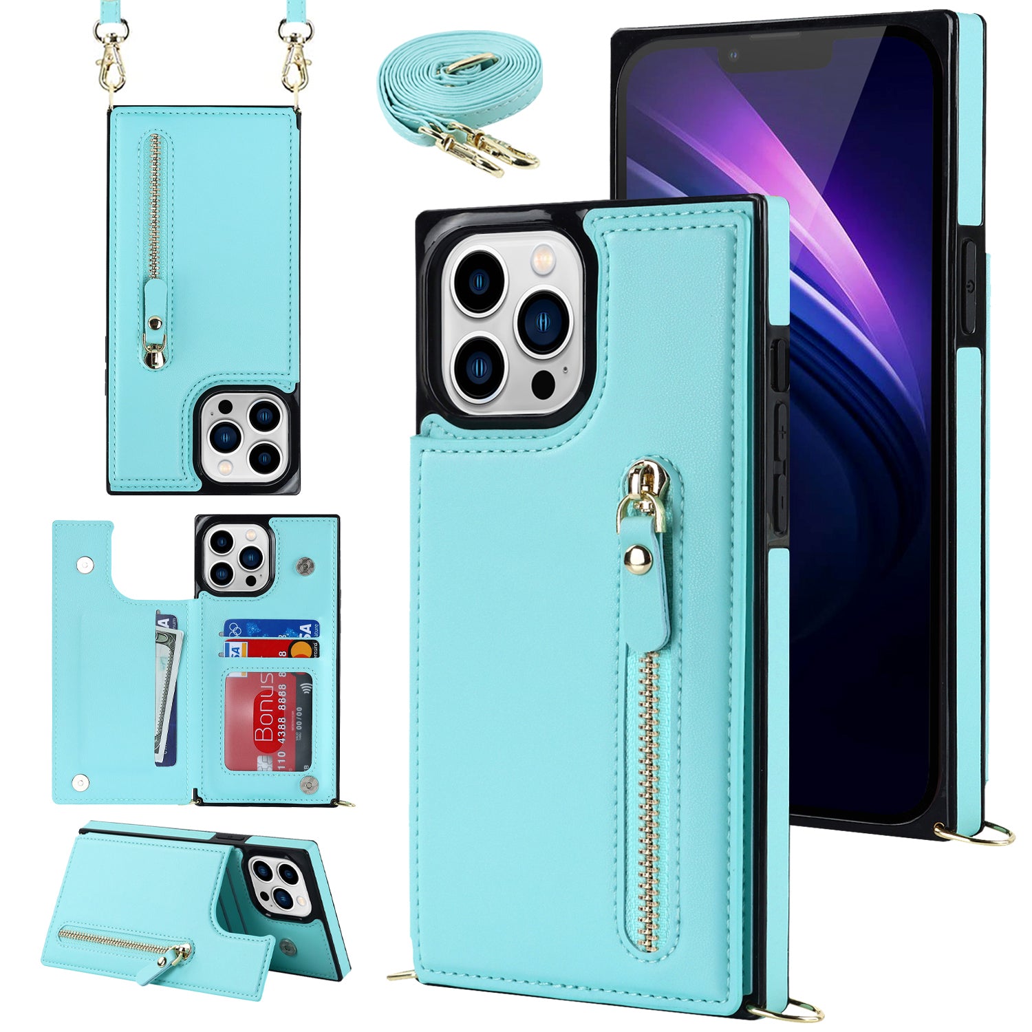 TPU+PU Phone Case for iPhone 15 Pro Anti-Scratch Kickstand Wallet Phone Cover with Shoulder Strap - Green TPU+PU Phone Case for iPhone 15 Pro Anti-Scratch Kickstand Wallet Phone Cover with Shoulder Strap - Green